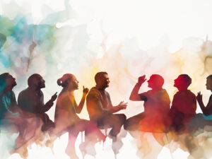 Vibrant Silhouettes: Multicolored Crowd Engaged in Animated Dial